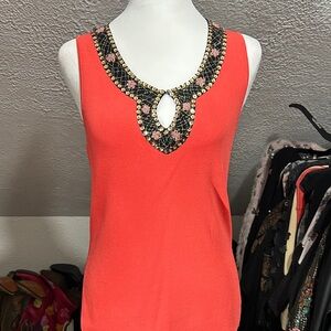 Cable & Gauge Orange Sleeveless Top with Embellished Neckline